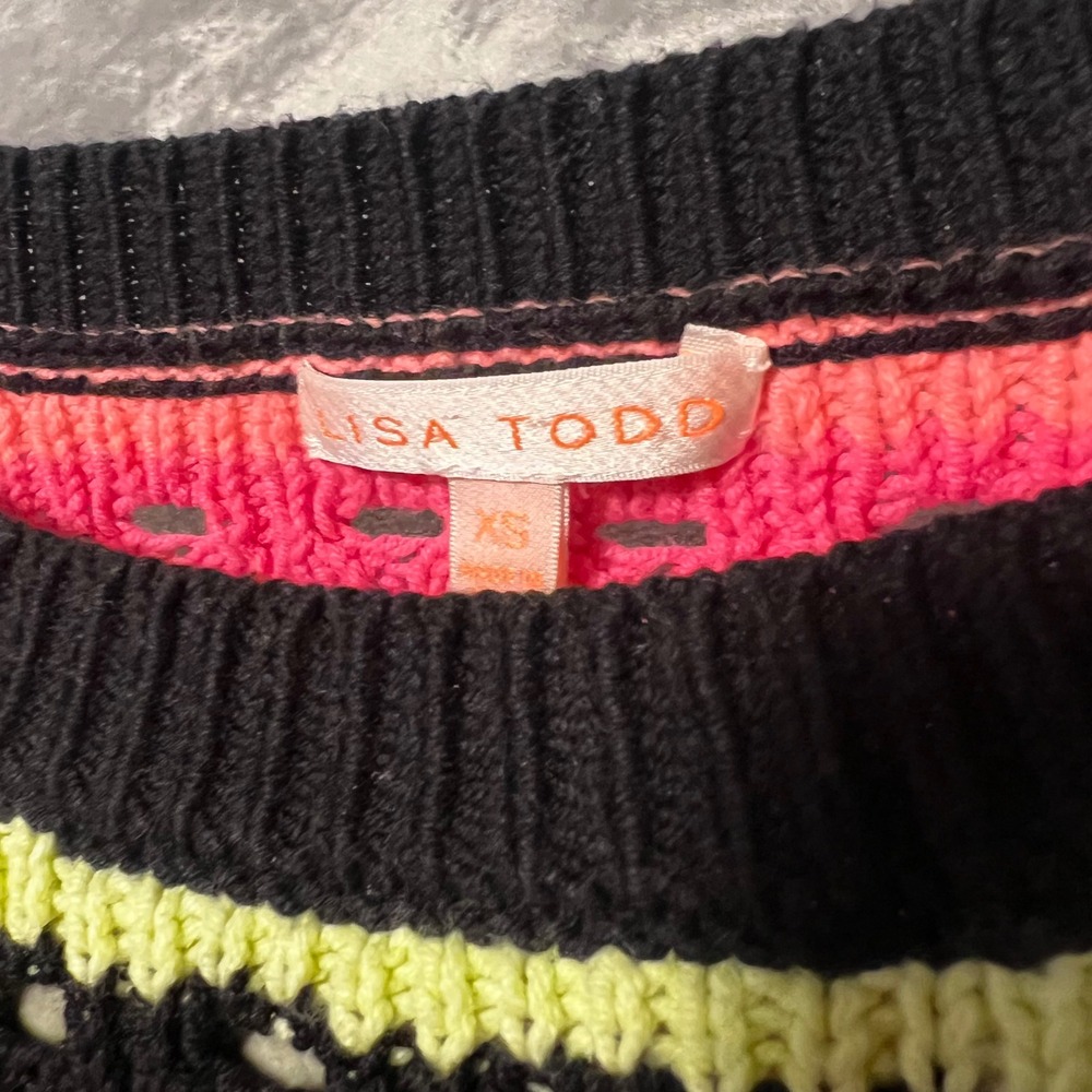 Lisa Todd Womens XS Striped Open Knit Cotton Blend Sweater Multi-Color Crew Neck - Picture 6 of 7